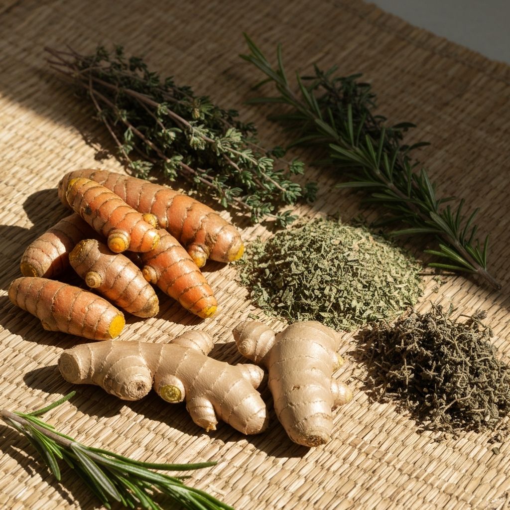 Tropical herbs and roots on woven mat